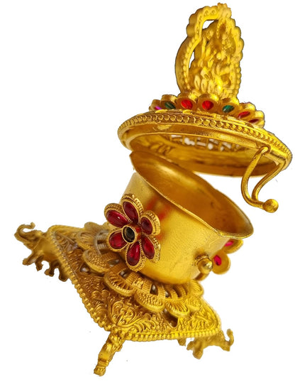 ADZOY Premium Handcrafted Goddess Lakhsmi on Four Elephant Sindoor Dibbi/Dabbi/Dani for Wedding | Haldi | Kumkum | Chandan Pure Brass Material Box