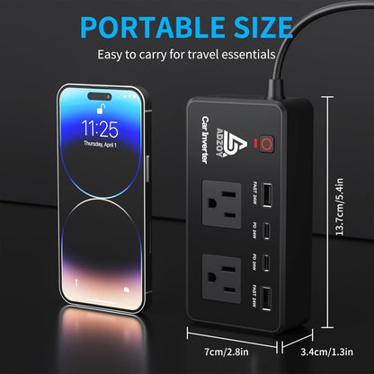 ADZOY 200W Car Power Inverter |DC 12V to 110V| AC Converter| PD 24W USB-C, QC3.0 Fast Charging, Dual USB Ports & AC Outlet – Portable Vehicle Charger |Adapter for Laptop/Phone/Tablet |Camping & Travel