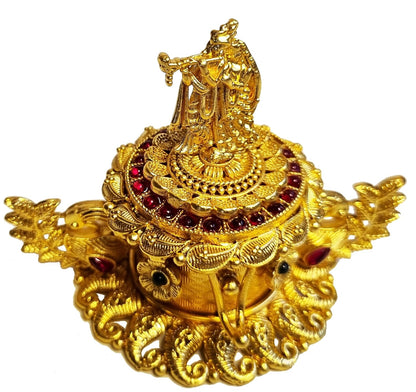 ADZOY Premium Handcrafted Radhe Krishna on top with Peacock Dancing for Wedding | Haldi | Sindoor | Kumkum | Chandan | Dabbi Handmade Pure Brass Material Box