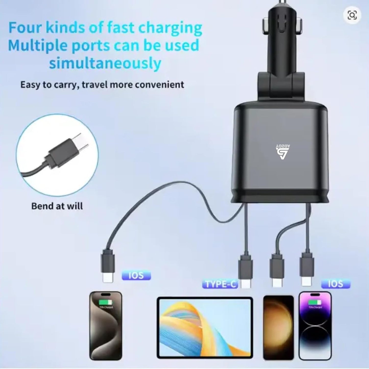 ADZOY [2-Pack] Retractable Type C +iOS Car Mobile Charger with Roof Starry Projection | Car Accessories | 4 in 1 | Fast Charging & Ambient LED Light – Universal for All Phones | Starlight Sky Light
