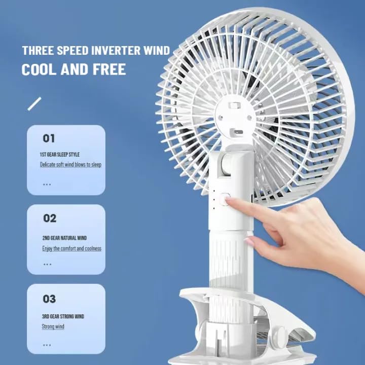 ADZOY Rechargeable Desk Fan Clip Fan 3 gear Fan Electric Fan Mini Fan 3 SPEED USB Fan (WHITE)