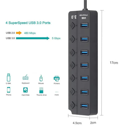 ADZOY 7-Port USB 3.0 Hub Individual On/Off Switches with USB to Type C Connector | High-Speed Data Transfer | Fast Sync & Device Control | Charge & Transfer Simultaneously | Universal Compatibility