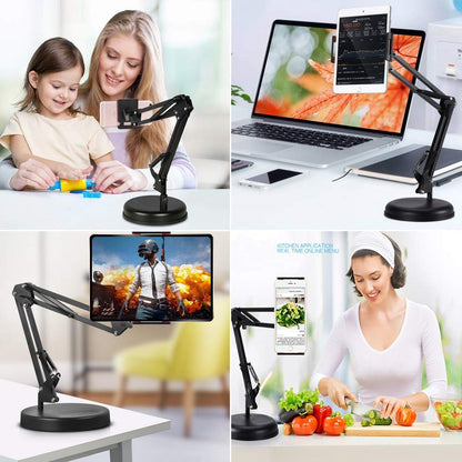 ADZOY Tabletop Metal Stand for lPad/Tablet/Mobile Phones-Adjustable Multi Angle Long Arm-Device 3.5~10.6 inches- Office, Home, Watching Movie, Drawing, Live Streaming (Long arm - Heavy Base)