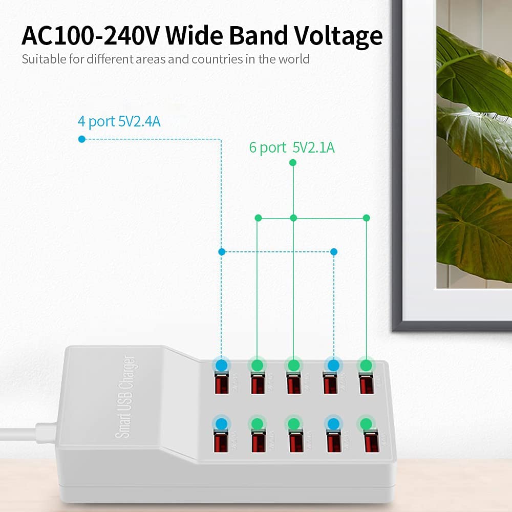 ADZOY 10 Port USB Charger 50w Quick Charging Intelligent Portable Charger for Mobile Phone/Tablet(White)