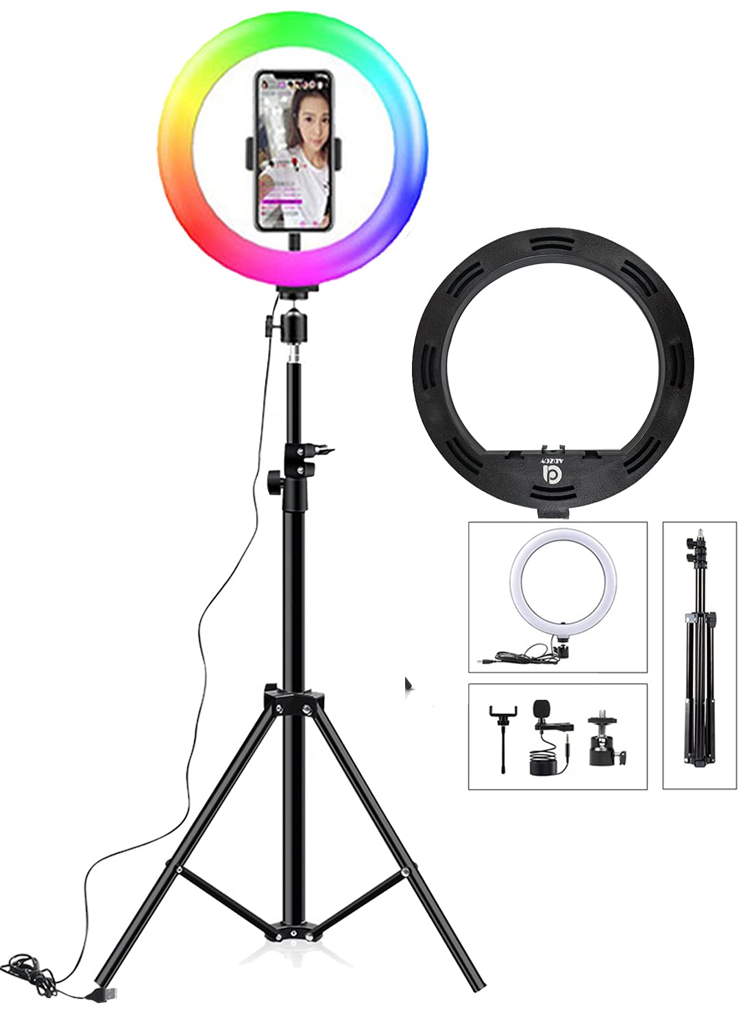 ADZOY Premium Combo of 10" RGB Selfie Light (3 Light Modes) with 6.9ft Tripod & Collar Mic for Your Personal and Professional Video Shoot