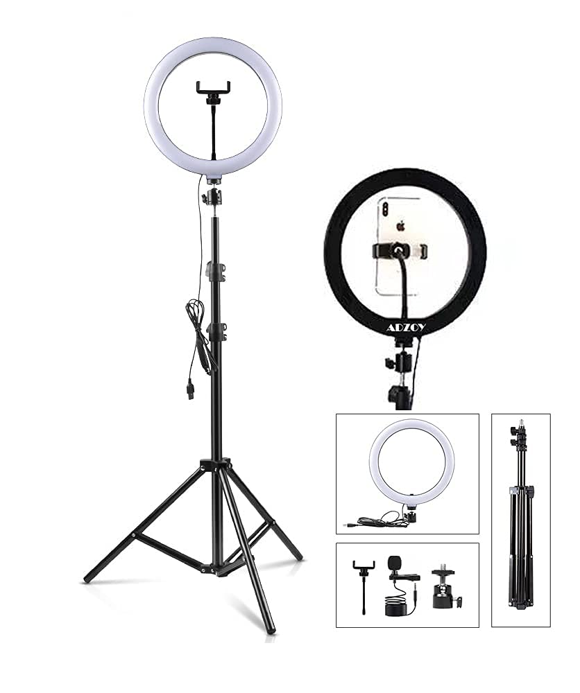 ADZOY Premium Combo of 10" Selfie Light (3 Light Modes) with 6.9ft Tripod & Collar Mic for Your Personal and Professional Video Shoot