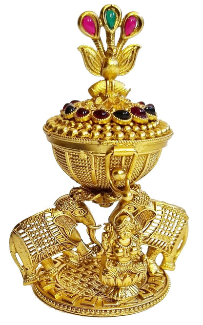 ADZOY Premium Handcrafted Goddess Lakshmi on Lotus with Elephants and Peacock on Top for Wedding | Haldi | Sindoor | Kumkum | Chandan | Dabbi Handmade Pure Brass Material Box