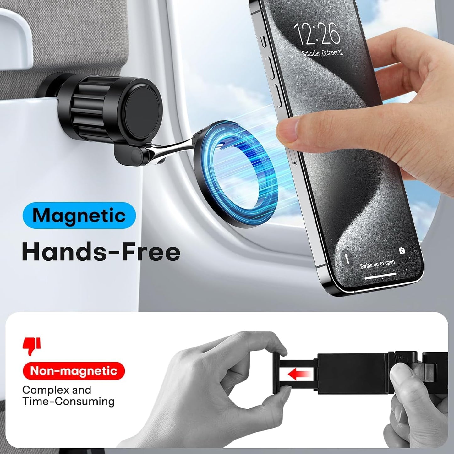 ADZOY Magnetic Airplane Phone Holder, 360°Rotating Foldable Phone Mount, Plane Travel Essential Accessories, Adjustable Universal Handsfree Plane Phone Stand for iPhone 16-12 Pro Max/Magsafe Case (2PC)