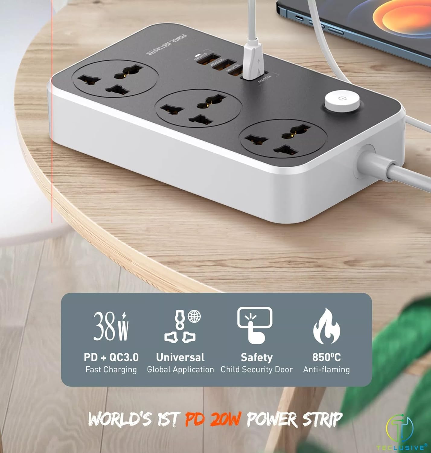 ADZOY Multi Port Extension with USB Port 2500W Power Strip Extension Type C USB Ports | 3 Power Sockets USB Hub (Black)