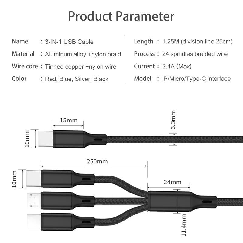 ADZOY 100W 3-in-1 USB-C to iOS+USB-C+Micro USB Multi Charging with 20 W Type C Adapter Data SYC Fast Data Transfer Cable in Black