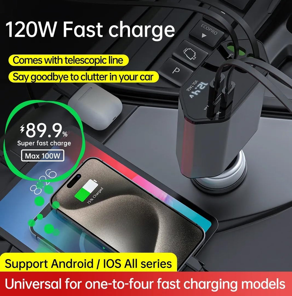 ADZOY Pack 2 Megnet 360° Rotation Car Phone Holder Mount Aluminum Alloy with 1PC 120W Retractable Car Charger - 4 in 1 Fast Car Phone Charger