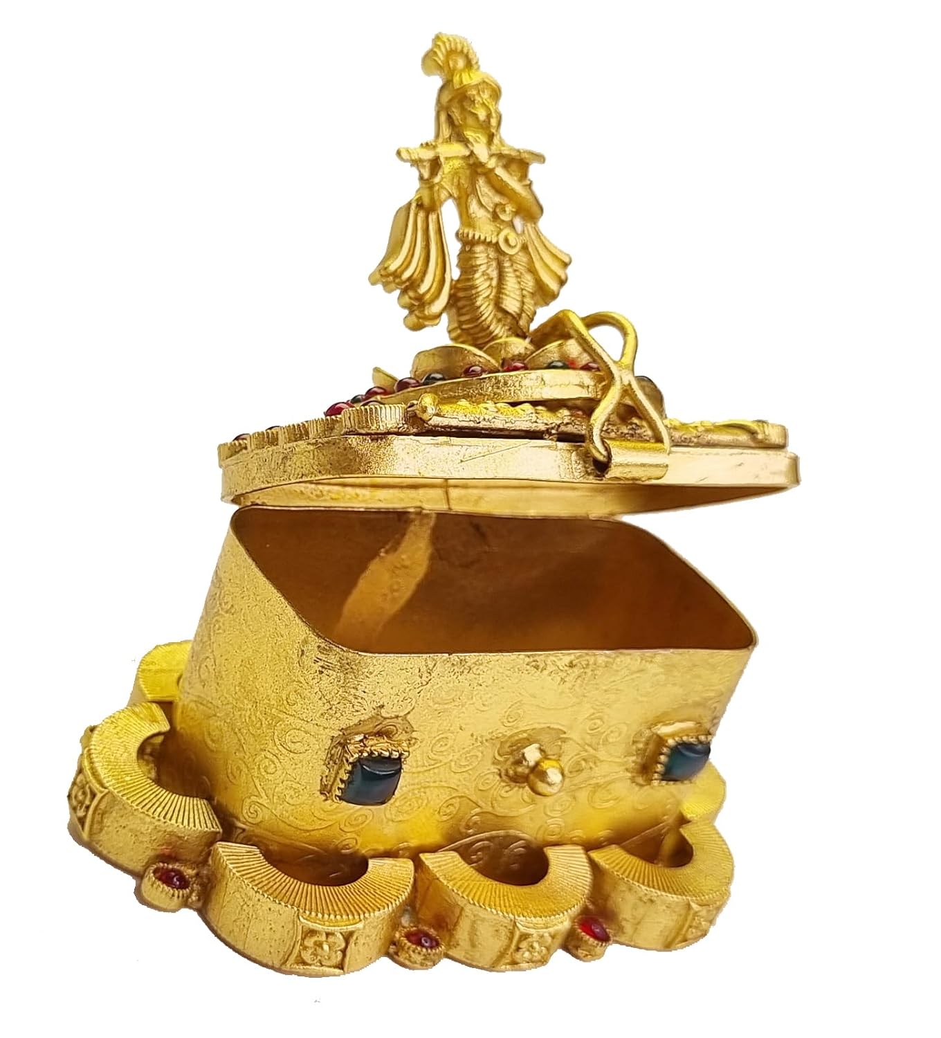 ADZOY Premium Handcrafted Sandook shape Lord Krushna with Fluet on Top for Wedding | Haldi | Sindoor | Kumkum | Chandan | Dabbi Handmade Pure Brass Material Box