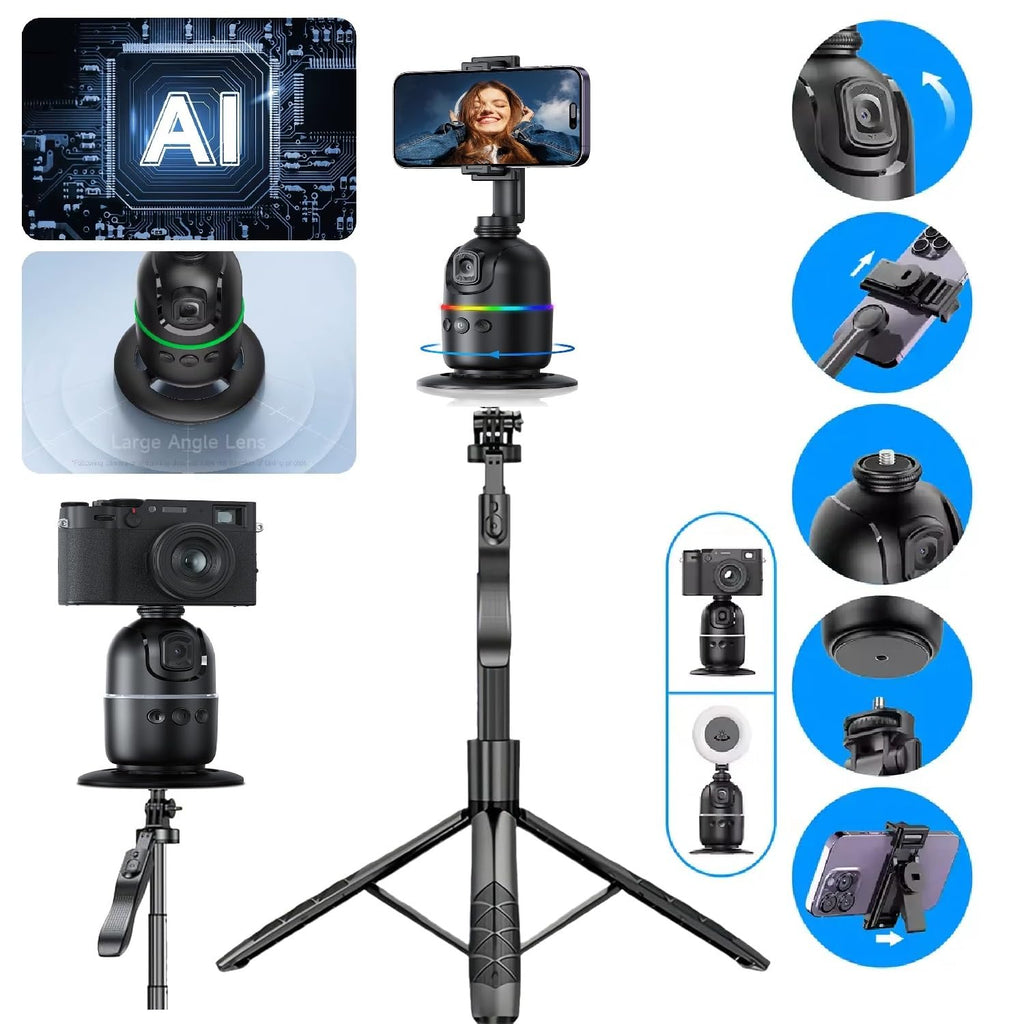 ADZOY Auto Face Tracking Tripod - 360° Rotating Smart Shooting Holder with Gesture Control | Detachable Stand Tripod for Vlogging, Streaming, Reels| Rechargeable (P03-Auto face Phone Camera Holder)
