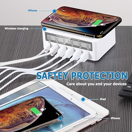 ADZOY Charging Station, 100W 6-Port USB Fast Charger with QC 3.0 & PD, Compatible with Apple & Other Brand Cell Phones