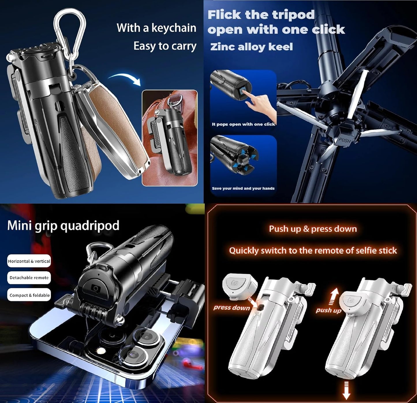 ADZOY Stainless Steel P15 MINI Pocket Monopod Retractable Selfie Stick Tripod with Detachable Remote Pocket Size,3-in-1 Mini Phone Grip 2 Cold Shoe,10M/393.7'' Wireless Shutter