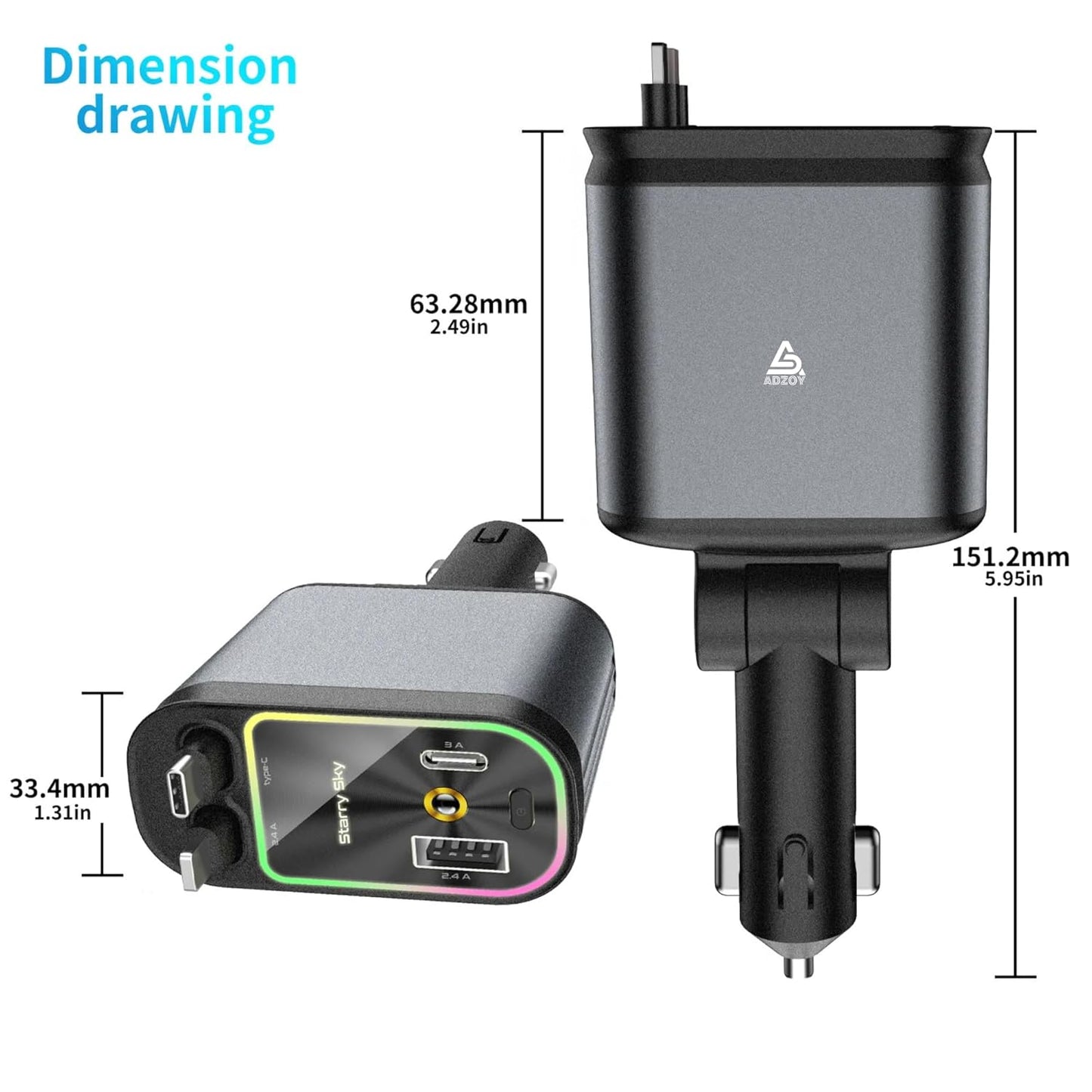 ADZOY [2-Pack] Retractable Type C +iOS Car Mobile Charger with Roof Starry Projection | Car Accessories | 4 in 1 | Fast Charging & Ambient LED Light – Universal for All Phones | Starlight Sky Light