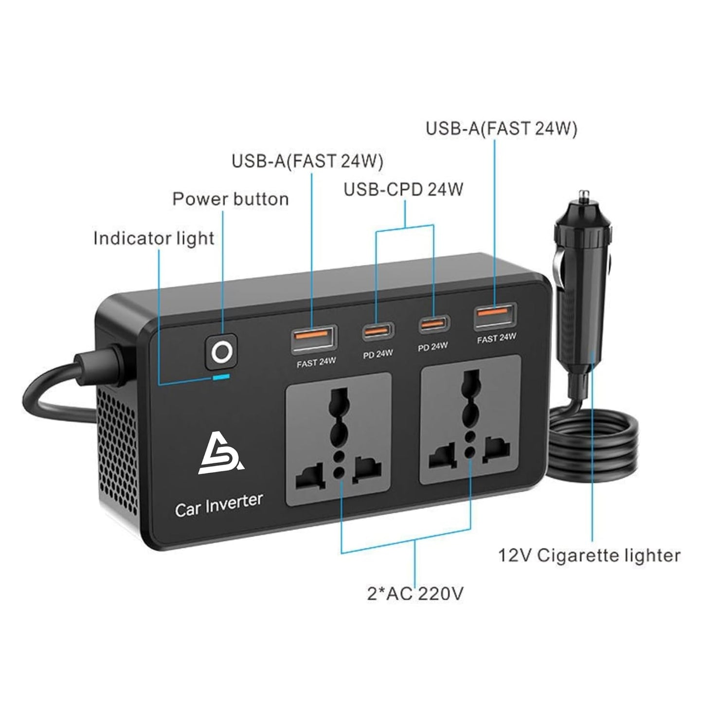 ADZOY 200W Car Power Inverter |DC 12V to 110V| AC Converter| PD 24W USB-C, QC3.0 Fast Charging, Dual USB Ports & AC Outlet – Portable Vehicle Charger |Adapter for Laptop/Phone/Tablet |Camping & Travel