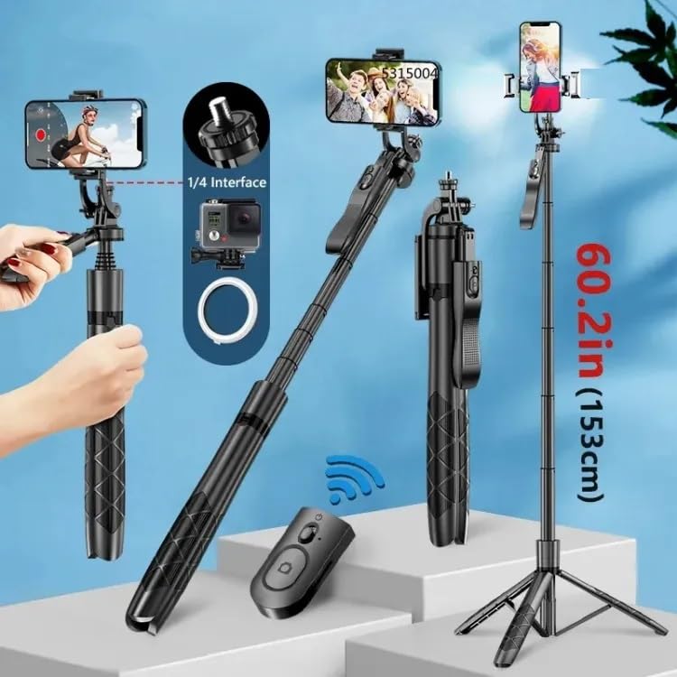 ADZOY L16 61" Tall Selfie Stick Aluminum Tripod Stand with Remote & P03 Auto Face Tracking Mobile Phone Holder, Compatible with iPhone/Android/GoPro (L16+P03 Auto Face Tracking Mobile Phone Holder)