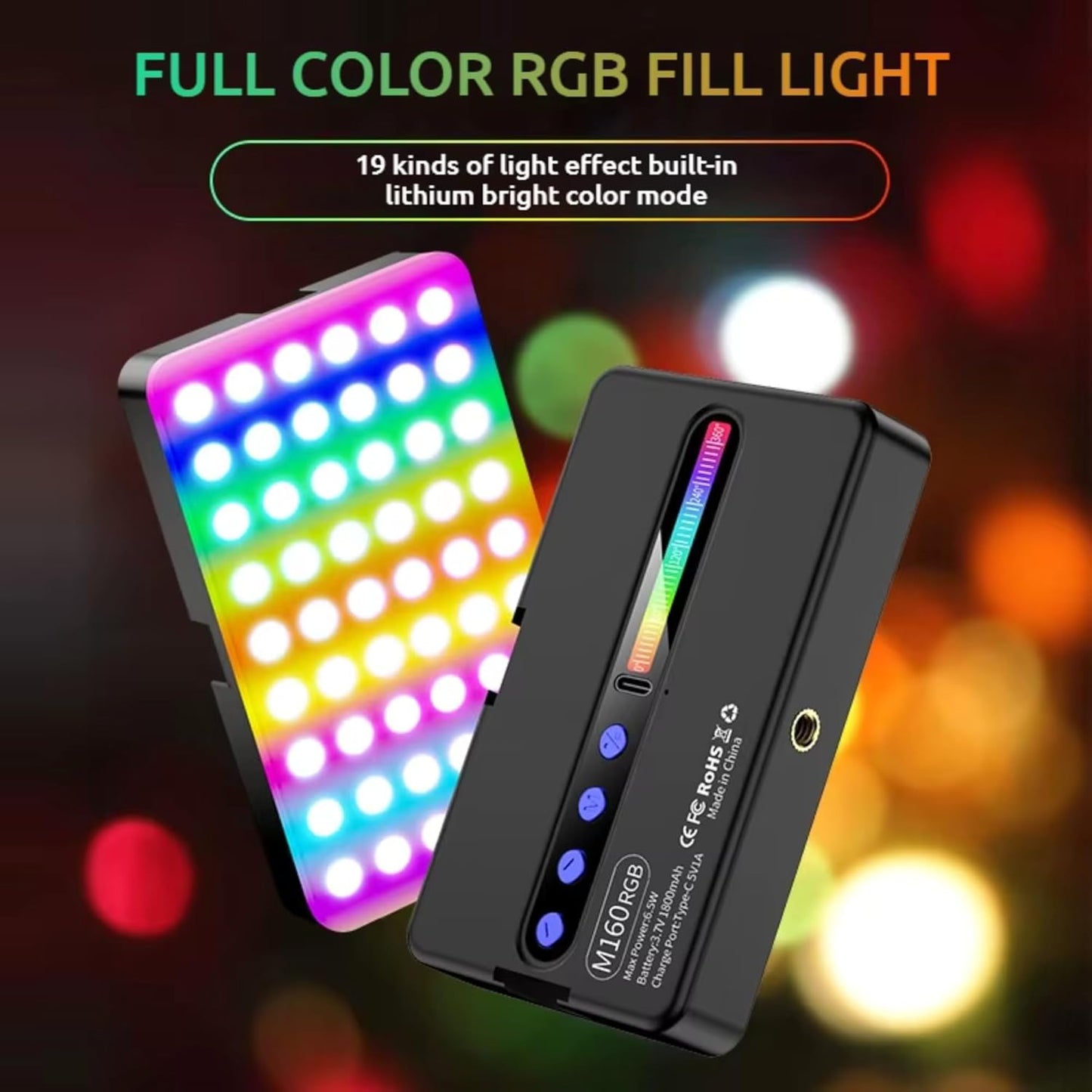 ADZOY ADL-M160 RGB Rechargeable Pocket Fill Video Light – 160 LED Beads, Dimmavble with 2500K–8500K Adjustable Bi-Color, Portable Photography Lighting for Camera, Smartphone & Vlogging