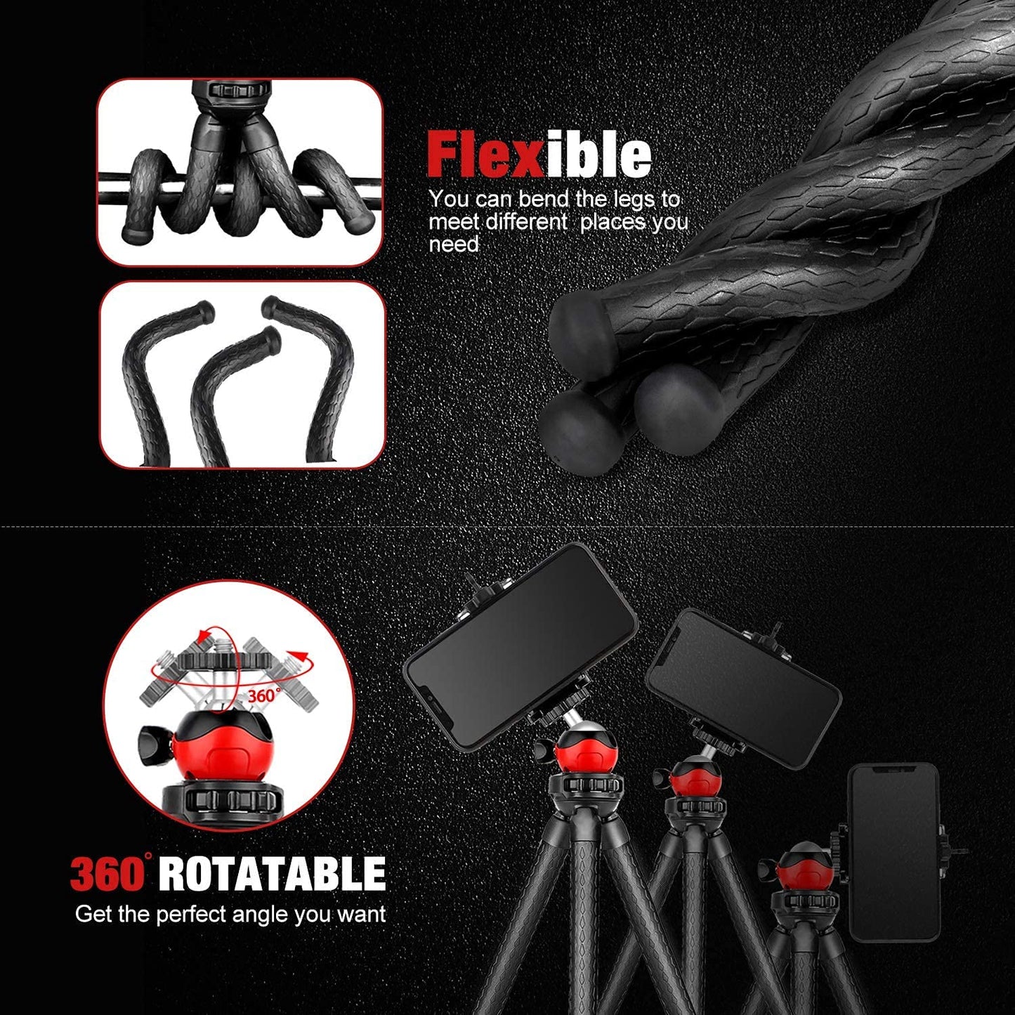 ADZOY Flexible Gorillapod Octopus Tripod with 360 Degree Ball Head & Phone Mount for Portable Camera and Smartphones for Vlogging/Video Shooting/Broadcasting