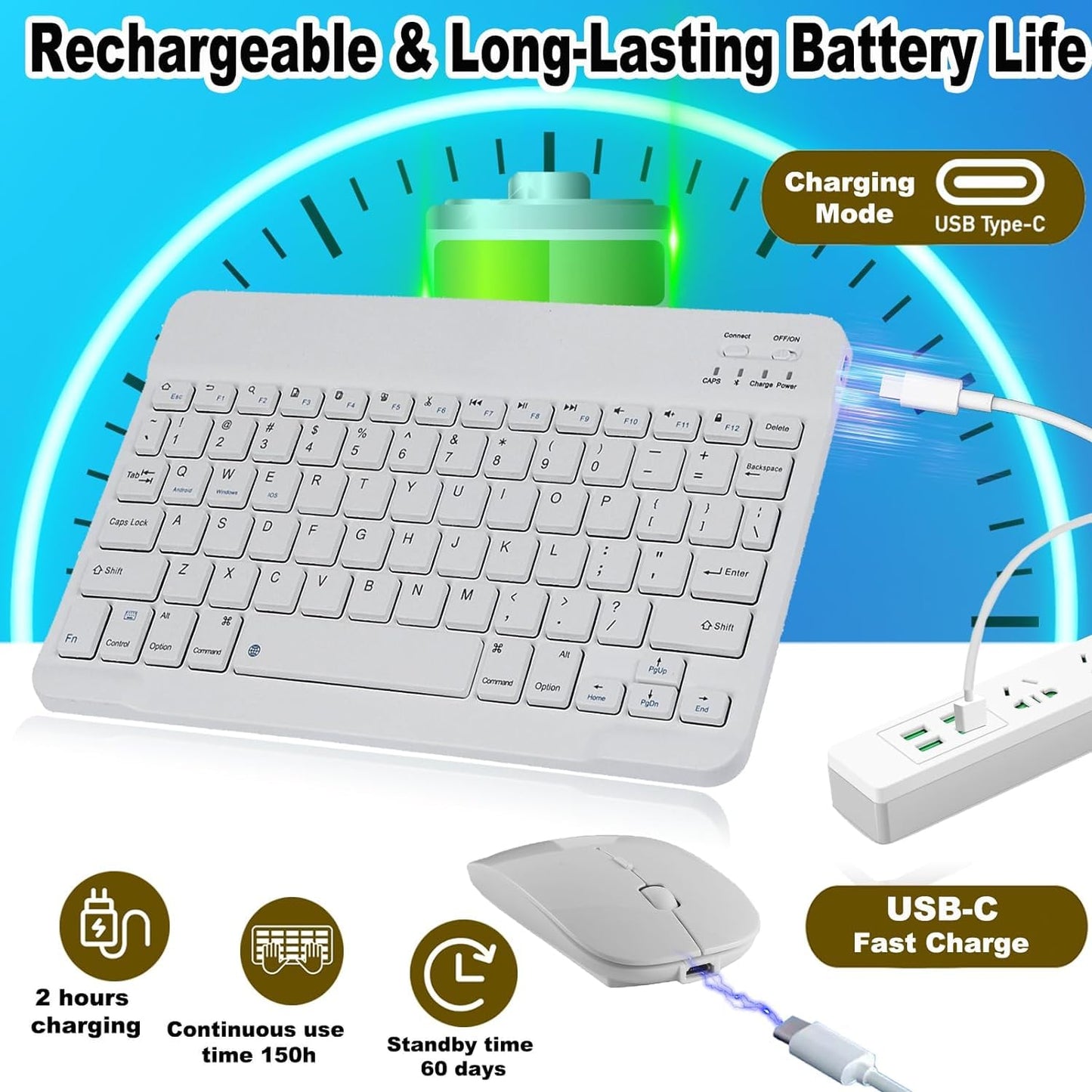 ADZOY 10 Inch Wireless BT Keyboard Mouse Combo, Three Speed Adjustable DPI Ultra Thin and Ultra Quiet Mouse, USB Charging Keyboard with Scissor Foot Structure for PC Laptop Computer (White)