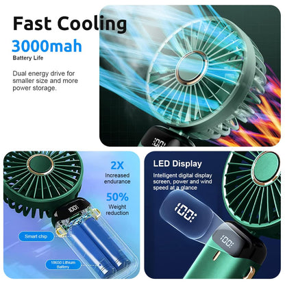 ADZOY Hand Fan Mini Handheld Fan 3000mAh Rechargeable with 5 Speeds, Battery Operated Mini Fan Foldable Desk Desktop Fans with LED Display for Home Office Bedroom Outdoor Travel (Multicolour)