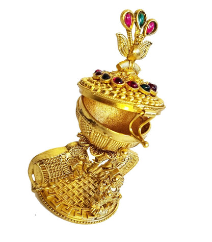 ADZOY Premium Handcrafted Goddess Lakshmi on Lotus with Elephants and Peacock on Top for Wedding | Haldi | Sindoor | Kumkum | Chandan | Dabbi Handmade Pure Brass Material Box