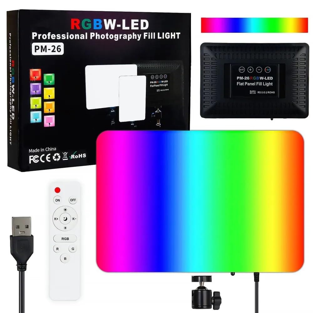 ADZOY PM-26 Photography RGB LED Lighting Panel Light & Remote Control with  MT49 Light Stand Tabletop C Clamp Desk Mount Table Stand, Super Clamp & Collar Mic &  BT-03 Bluetooth Control Button