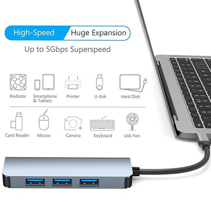 ADZOY Type C to USB Hub 4-in-1 Docking Station USB3.0 5gbps and 3 USB2.0 4 Ports Ultra Slim USB Splitter Plug and Play Compatible with MacBook Pro/Air Surface Pro PS4 XPS PC Flash Drive