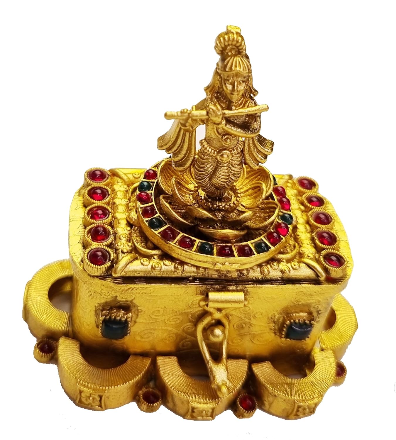 ADZOY Premium Handcrafted Sandook shape Lord Krushna with Fluet on Top for Wedding | Haldi | Sindoor | Kumkum | Chandan | Dabbi Handmade Pure Brass Material Box