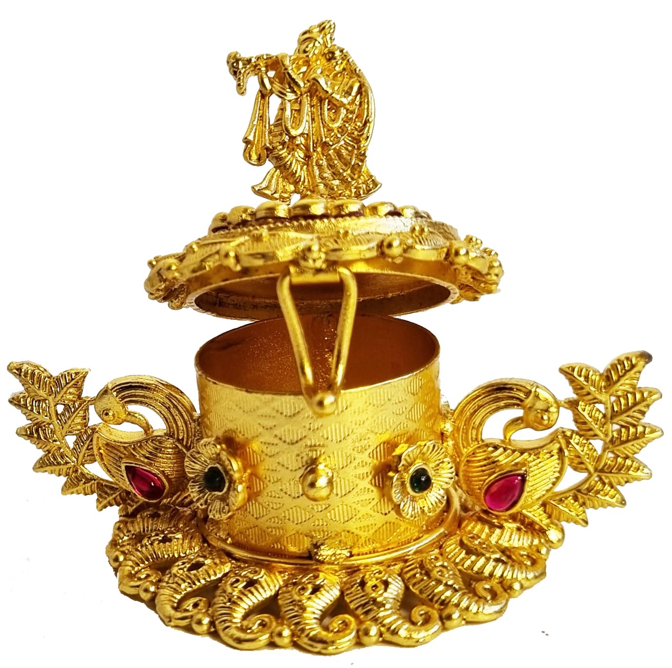 ADZOY Premium Handcrafted Radhe Krishna on top with Peacock Dancing for Wedding | Haldi | Sindoor | Kumkum | Chandan | Dabbi Handmade Pure Brass Material Box