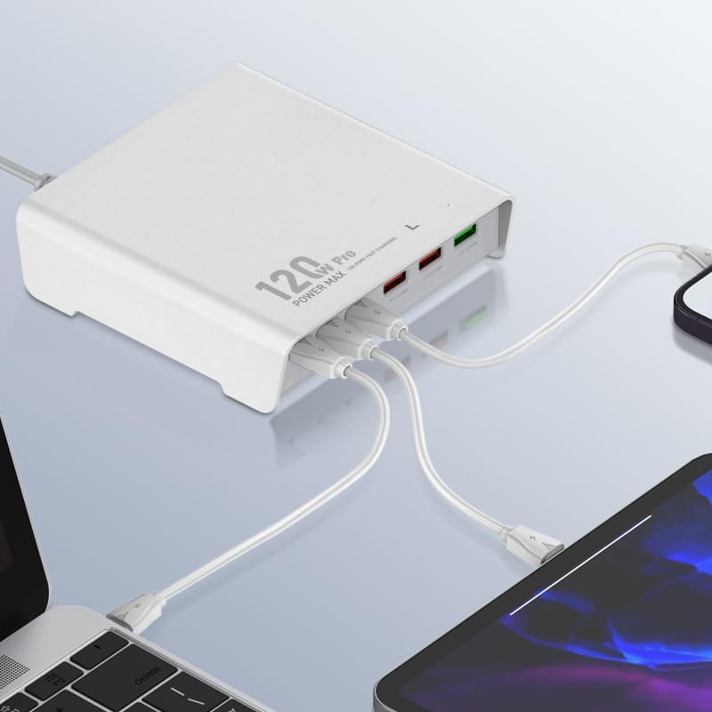 ADZOY 120W PD, 6-Ports USB (3A+3C) Super Fast Charger 3 USB-C + 3 USB-A Ports Adapter Support Phone, Laptop, Tablet Fast Charging, Charge Multi-Ports Desktop Charger