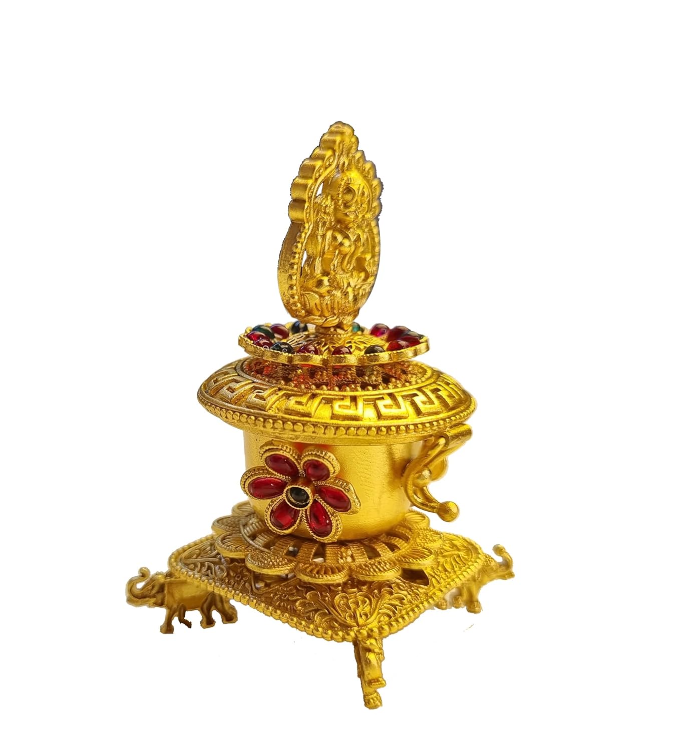 ADZOY Premium Handcrafted Goddess Lakhsmi on Four Elephant Sindoor Dibbi/Dabbi/Dani for Wedding | Haldi | Kumkum | Chandan Pure Brass Material Box