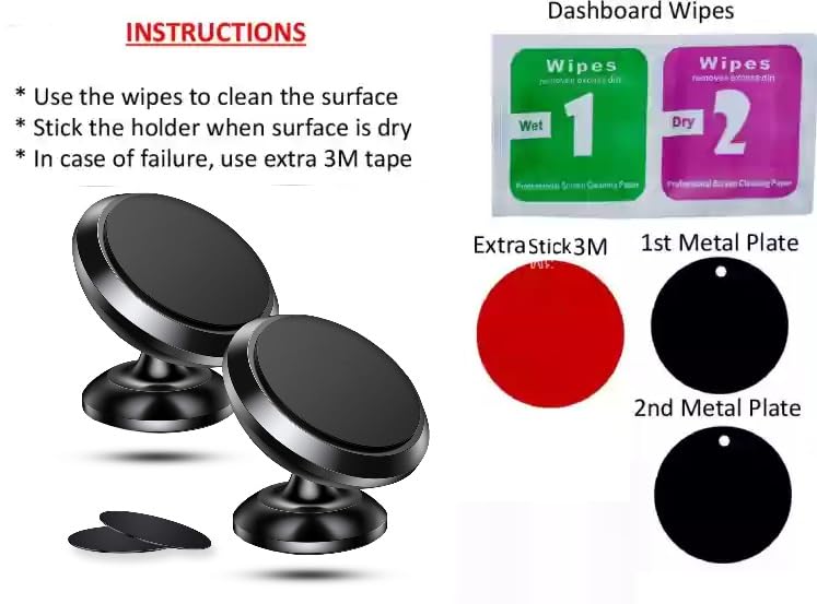 ADZOY Pack 2 Megnet 360° Rotation Car Phone Holder Mount Aluminum Alloy with 1PC 120W Retractable Car Charger - 4 in 1 Fast Car Phone Charger