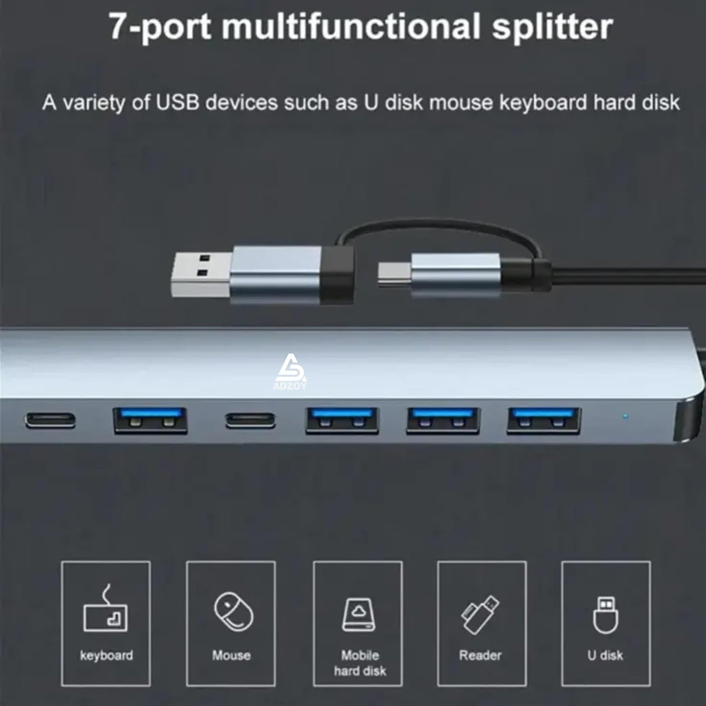 ADZOY 7-Port USB 3.0 Hub with 1 PD Type C 5W with USB to Type C Connector | High-Speed Data Transfer | Fast Sync & Device Control | Charge & Transfer Simultaneously | Universal Compatibility