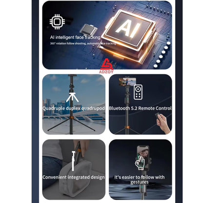 ADZOY Professional ADL-Q13 Intelligent AI Tracker Selfie Stick 180cm Wide Angle 360 Degrees Gimbal Foldable Auto Face Tracking with Remote | Overhead Phone Holder Stabilizer