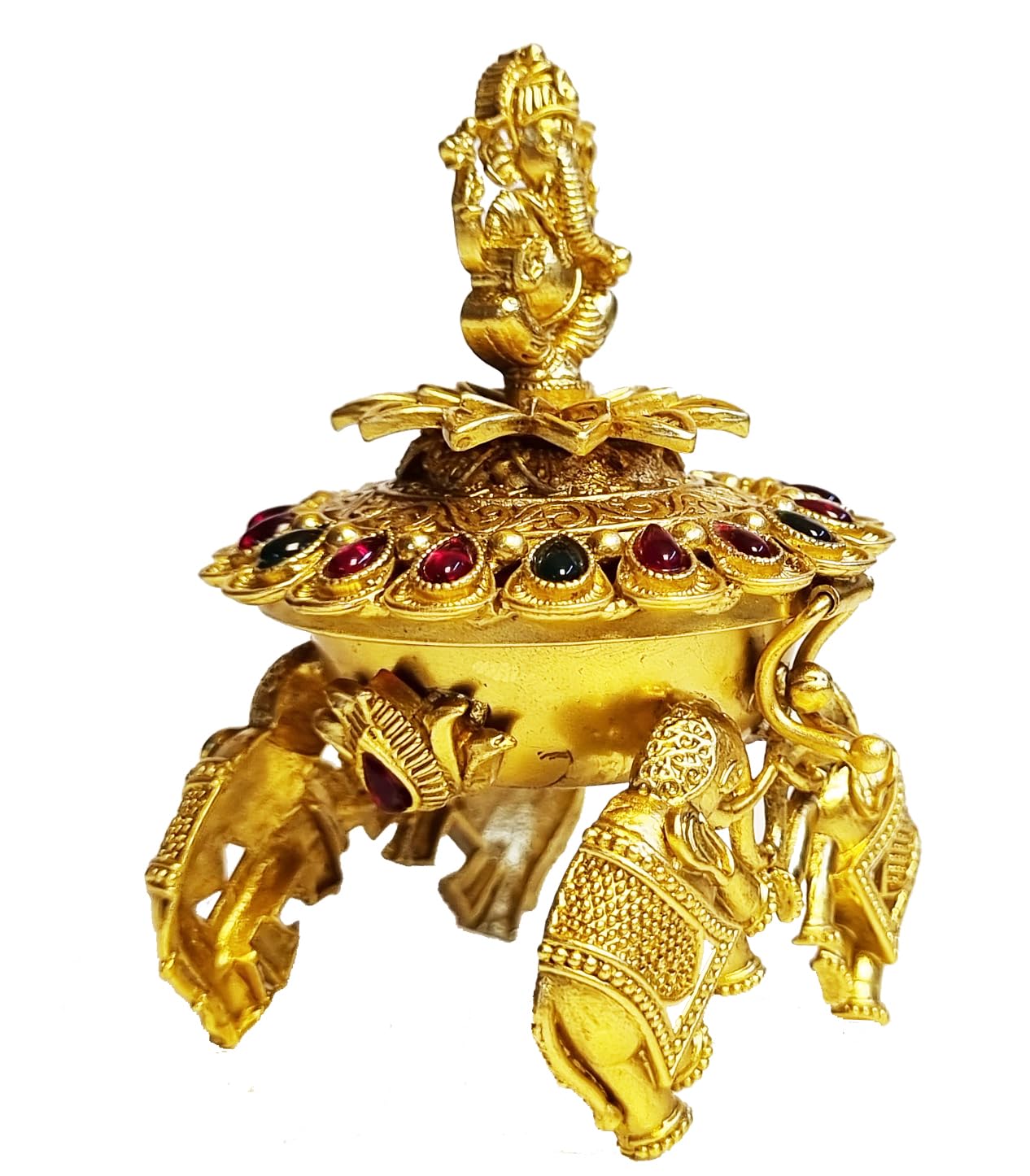 ADZOY Premium Handcrafted Lord Ganesh Ganpati Bappa on top with 4 Elephants stand for Wedding | Haldi | Sindoor | Kumkum | Chandan | Dabbi Handmade Pure Brass Material Box