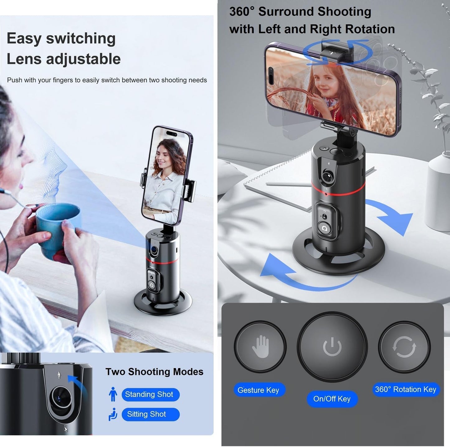 ADZOY Premium Combo of P02 Auto face Tracking Desktop Gimbal and ADL-L16 Selfie Stick Phone Tripod with Remote | 60" Extendable Stand for iPhone Android Camera 360° Rotation Phone Holder Stabilizer