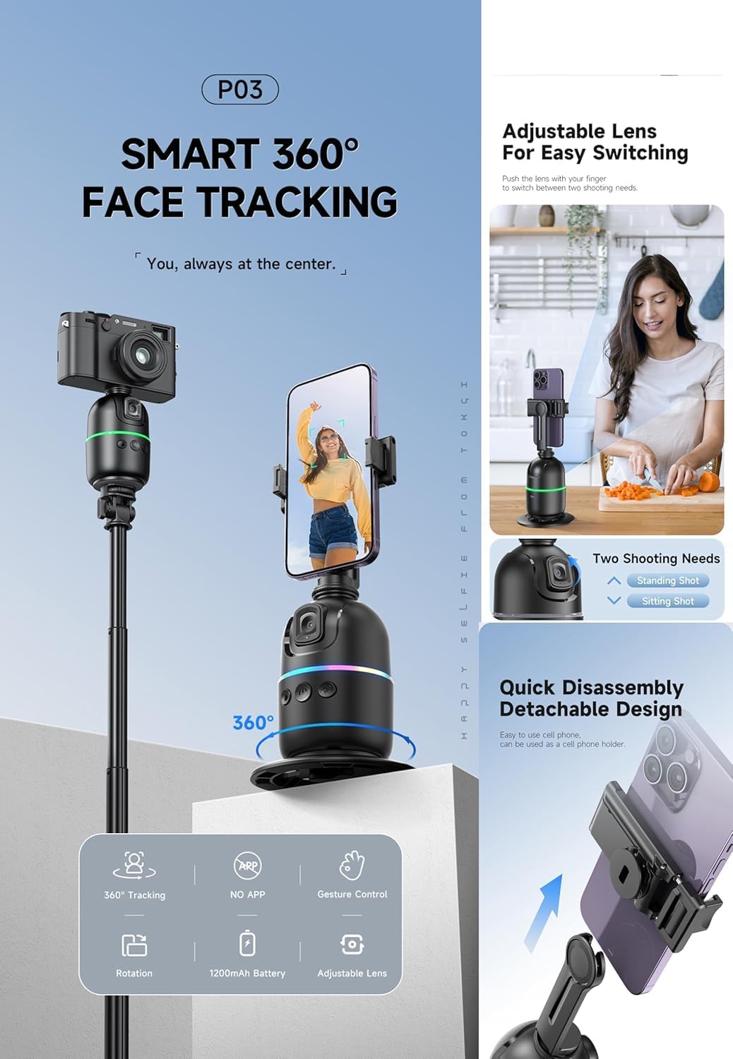 ADZOY Auto Face Tracking Tripod - 360° Rotating Smart Shooting Holder with Gesture Control | Detachable Stand Tripod for Vlogging, Streaming, Reels| Rechargeable (P03-Auto face Phone Camera Holder)