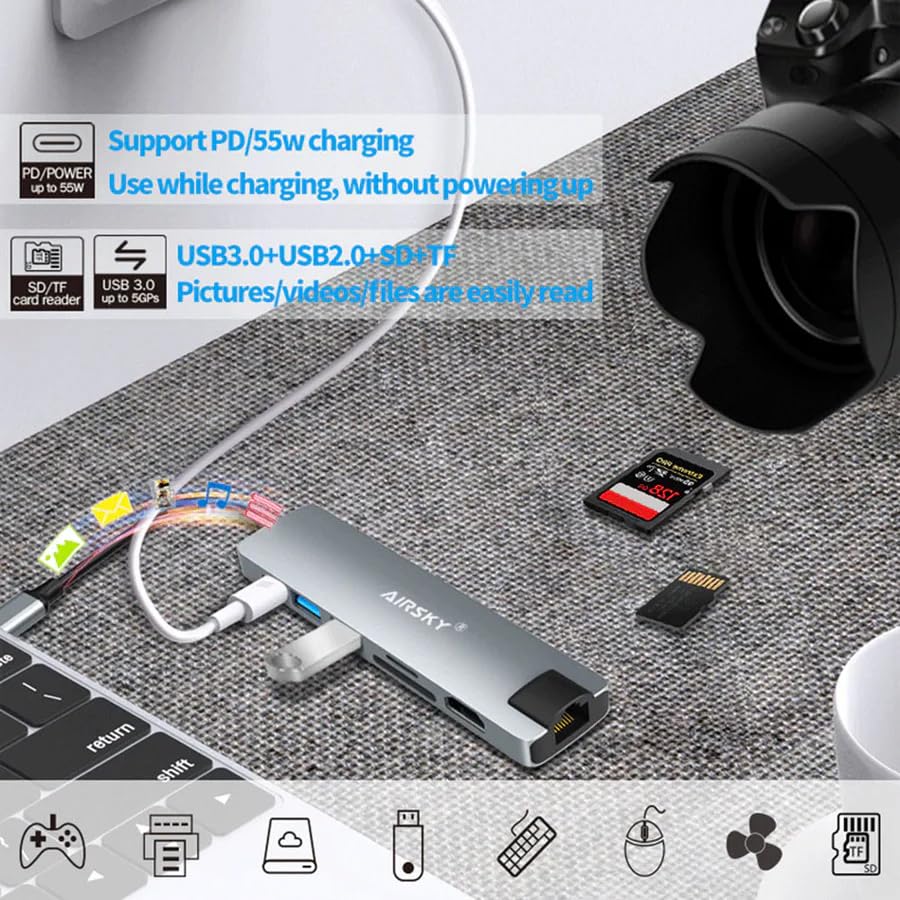 ADZOY 7 in 1 USB C Hub Multiport Adapter with HDMI 4K 30Hz, 100W PD Fast Charger, SD/TF Card Slots, USB 3.0 5Gbps Data Ports, for MacBook Pro, MacBook Air