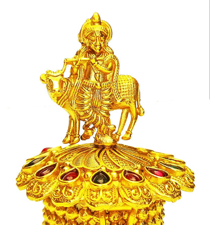 ADZOY Premium Handcrafted Lord Krushna with Cow and Fluet for Wedding | Haldi | Sindoor | Kumkum | Chandan | Dabbi Handmade Pure Brass Material Box