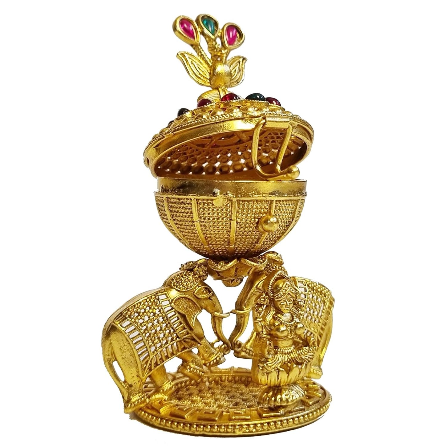 ADZOY Premium Handcrafted Goddess Lakshmi on Lotus with Elephants and Peacock on Top for Wedding | Haldi | Sindoor | Kumkum | Chandan | Dabbi Handmade Pure Brass Material Box