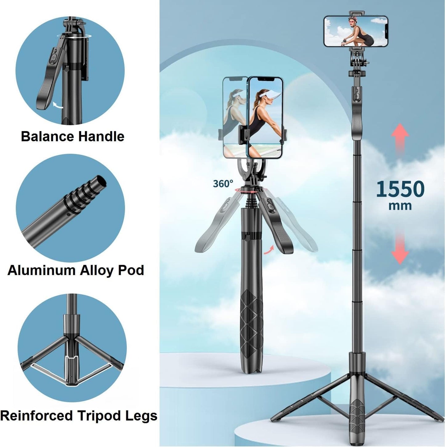 ADZOY L16 (2024) Selfie Stick Phone Tripod with Remote - 60" Extendable Tripod Stand for iPhone Android Camera 360° Rotation Overhead Tripod Phone Holder iPhone Stabilizer for Vlog Live Stream