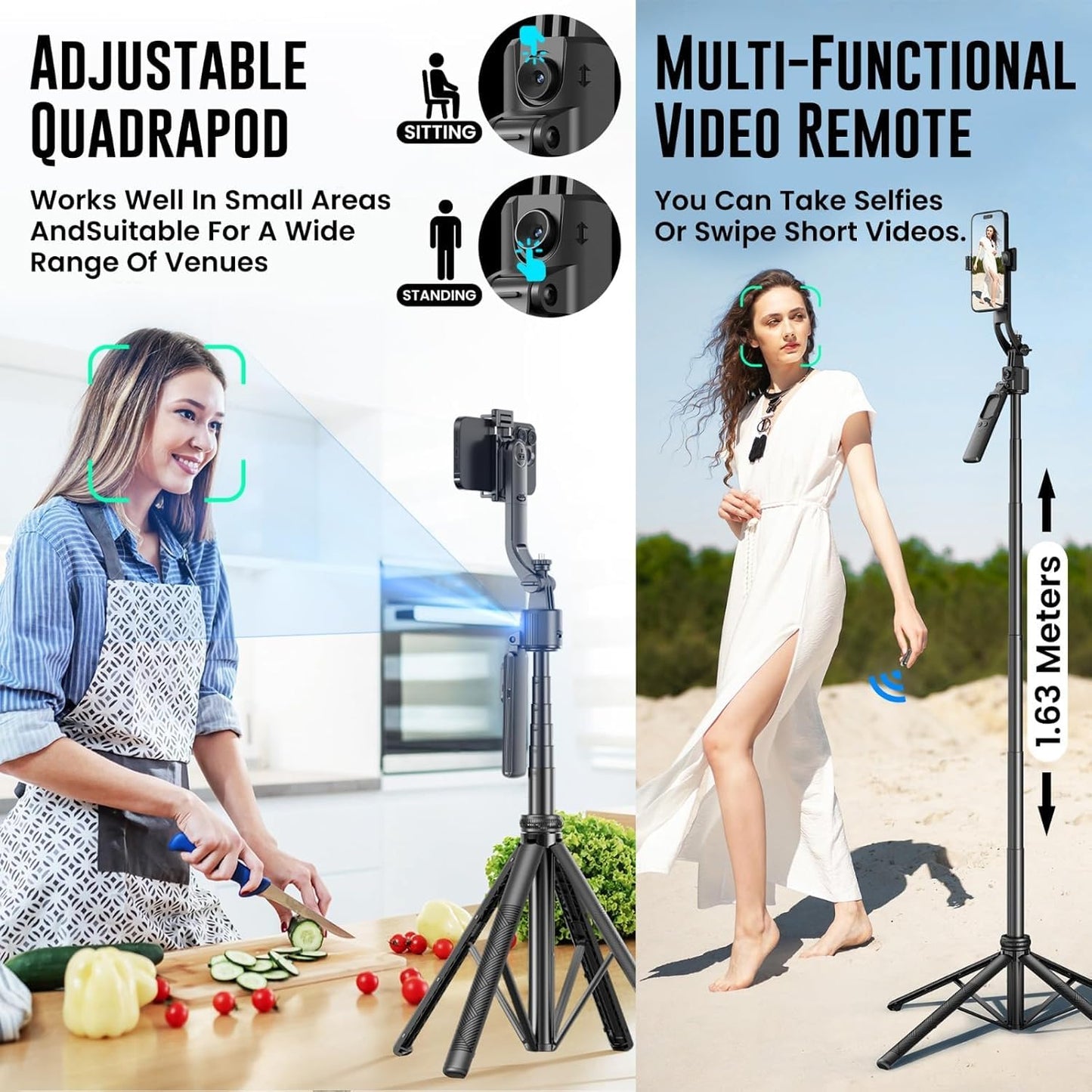 ADZOY Auto Face Tracking Tripod - 360° Rotating Smart Shooting Holder with Gesture Control | Detachable Stand Tripod for Vlogging, Streaming, Reels| Rechargeable (C17 Face Tracking Camera Selfie Stick)