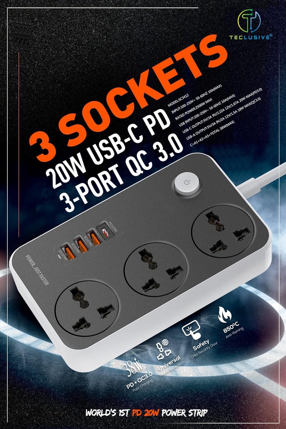 ADZOY Multi Port Extension with USB Port 2500W Power Strip Extension Type C USB Ports | 3 Power Sockets USB Hub (Black)