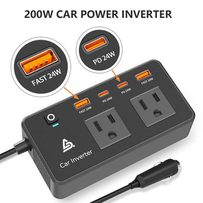 ADZOY 200W Car Power Inverter |DC 12V to 110V| AC Converter| PD 24W USB-C, QC3.0 Fast Charging, Dual USB Ports & AC Outlet – Portable Vehicle Charger |Adapter for Laptop/Phone/Tablet |Camping & Travel