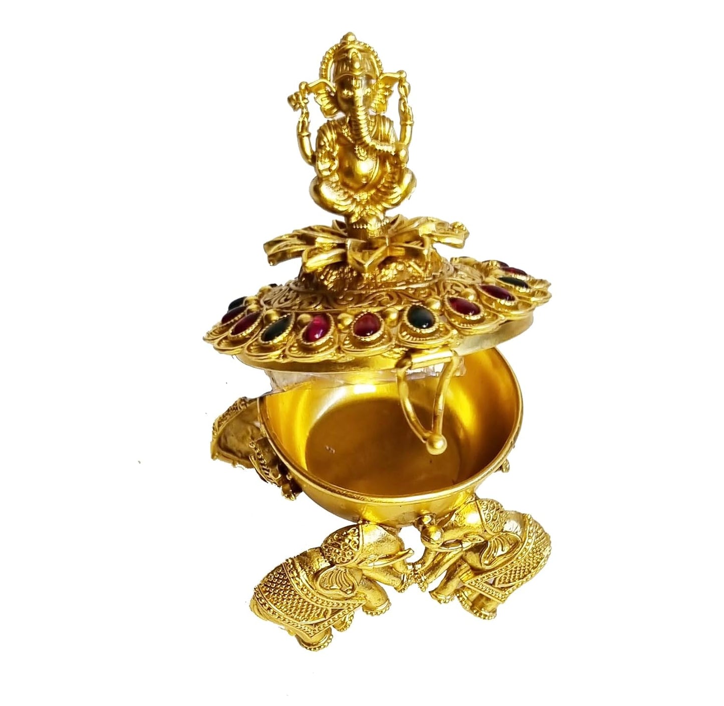 ADZOY Premium Handcrafted Lord Ganesh Ganpati Bappa on top with 4 Elephants stand for Wedding | Haldi | Sindoor | Kumkum | Chandan | Dabbi Handmade Pure Brass Material Box