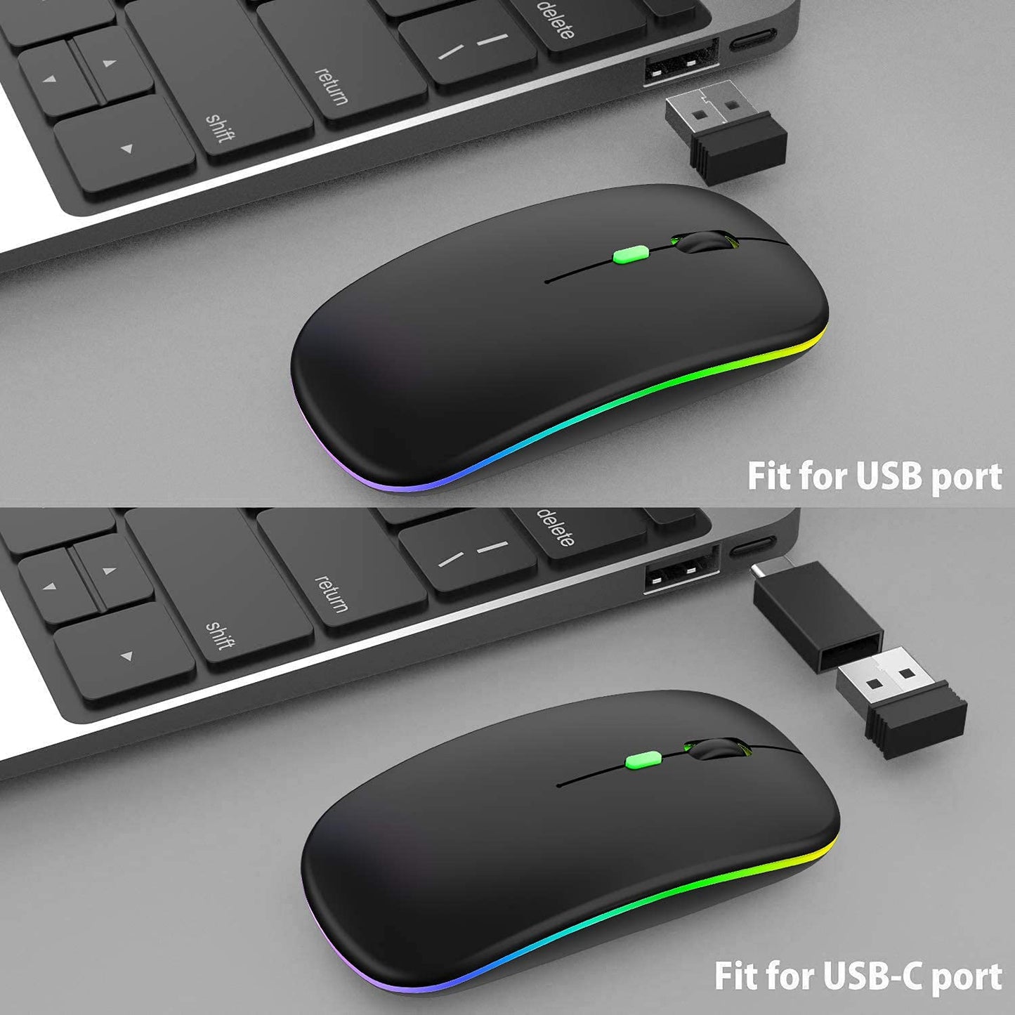 ADZOY Wireless Mouse Dual Mode Bluetooth 5.1 + 2.4Ghz Rechargeable RGB Led Silent Click Mouse connectivity Windows, Mac, iOS, Android (1 PCS)