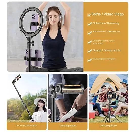 ADZOY Rechargeable 10 Inch LED Light (Stepless Dimmable) with 7 Foot Metal Tripod Cum Selfie Stick (2 in 1), Clamp with Bracket and Lapel Collar Mic for DSLR Camera Lighting, Video Recording