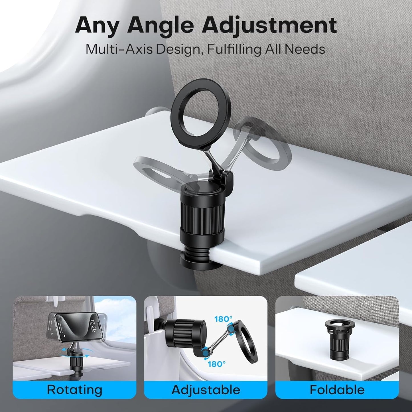 ADZOY Magnetic Airplane Phone Holder, 360°Rotating Foldable Phone Mount, Plane Travel Essential Accessories, Adjustable Universal Handsfree Plane Phone Stand for iPhone 16-12 Pro Max/Magsafe Case (2PC)